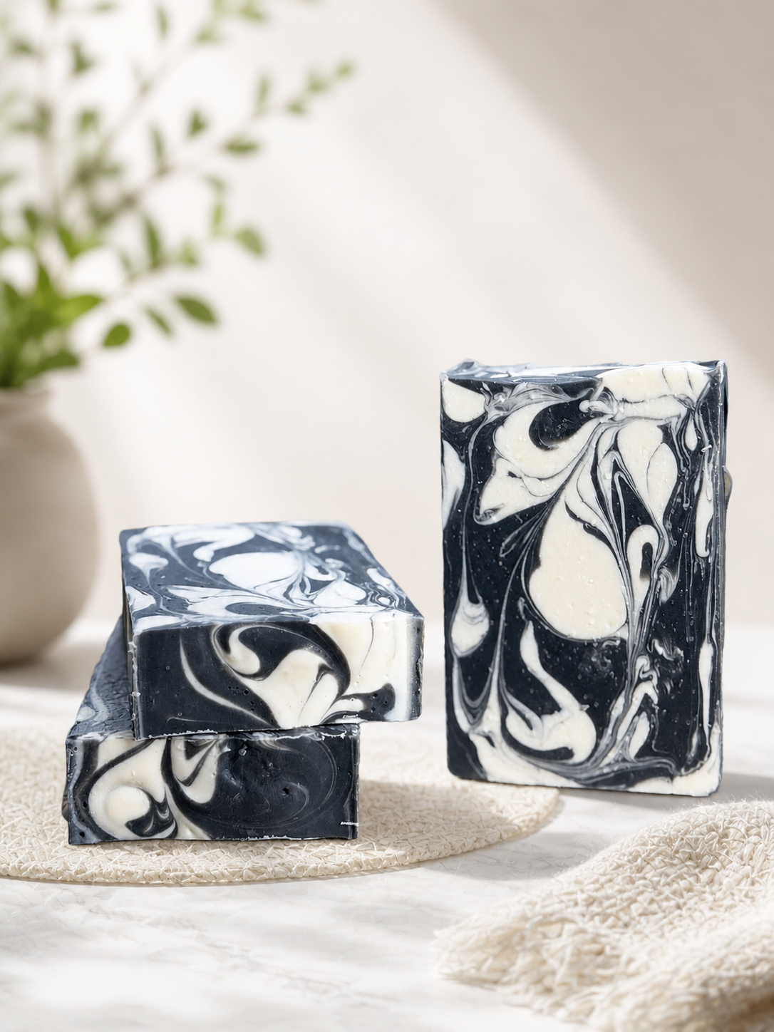 Black and white marbled soap bars on a light surface with a blurred natural background
