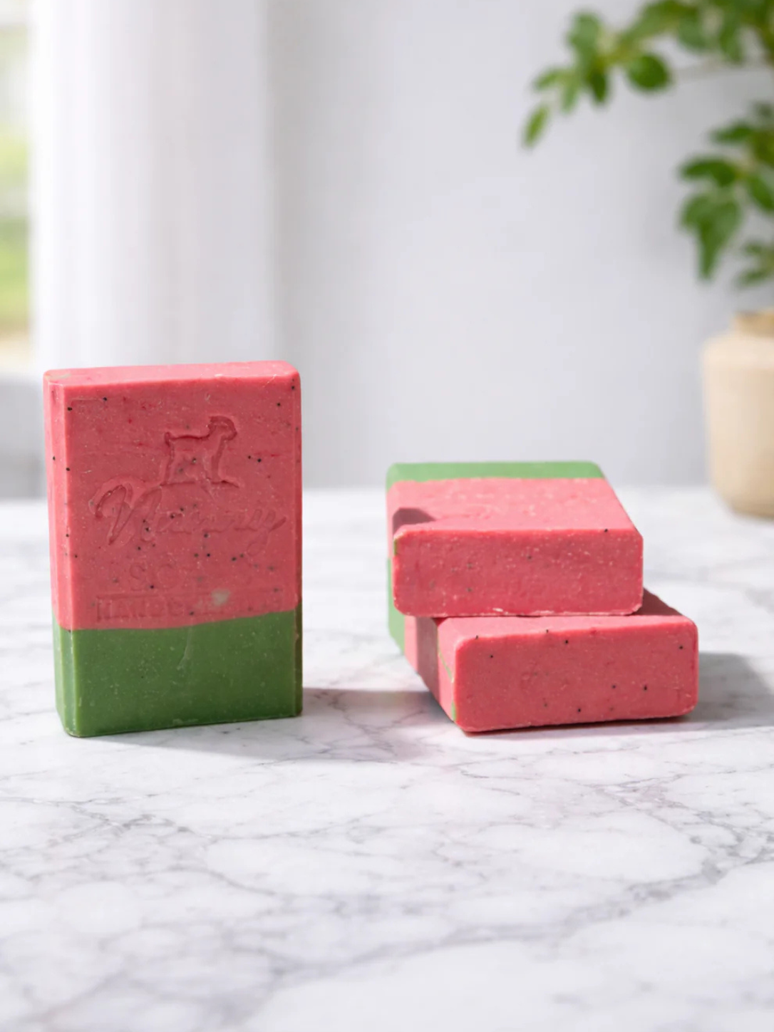 Three rectangular bars of soap that look like a watermelon, with a pinkish red top speckled with black and a strip of green at the bottom
