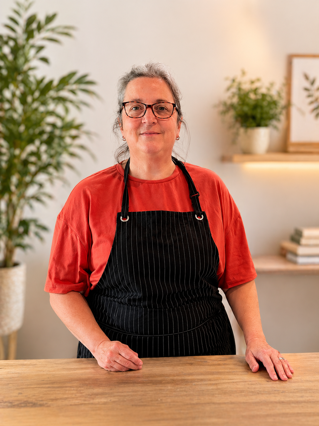 Person wearing a red shirt and black apron standing behind a wooden counter with plants and books in the background.