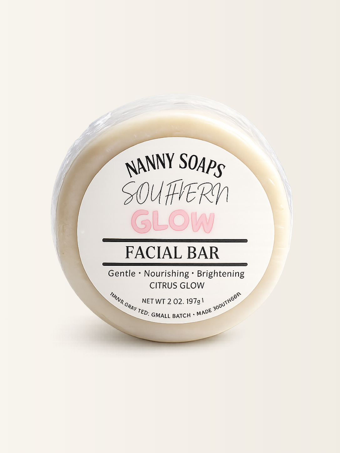 Facial bar with 'Nanny Soaps Southern Glow' packaging on a white background