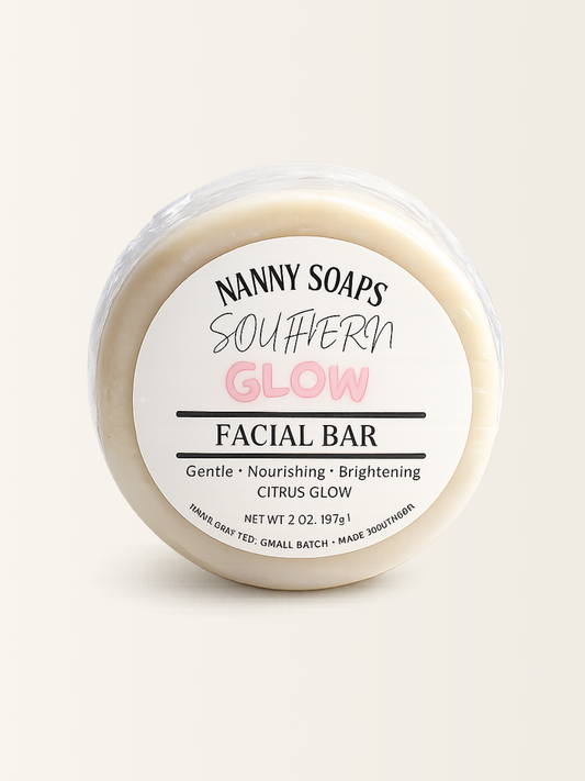 Facial bar with 'Nanny Soaps Southern Glow' packaging on a white background