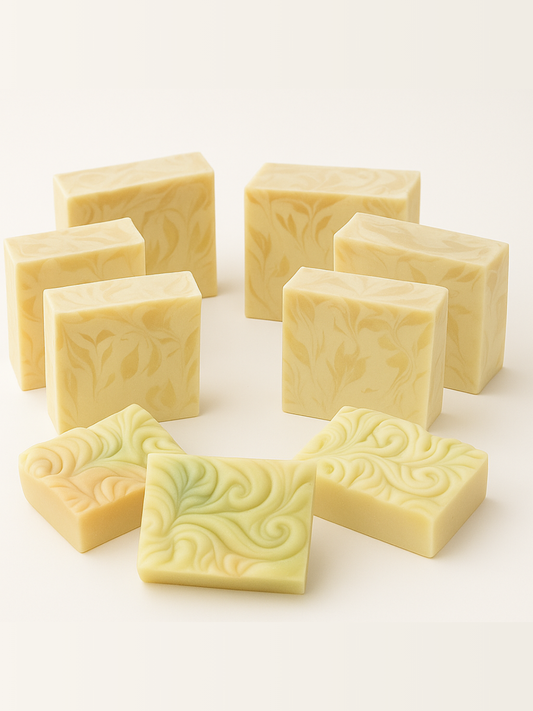 Assorted bars of soap with decorative patterns on a white background