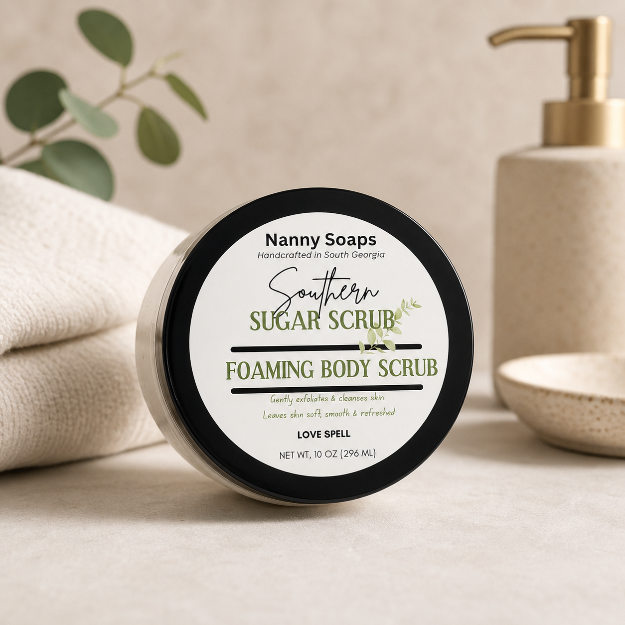 Nanny Soaps Southern Sugar Scrub container on a neutral background