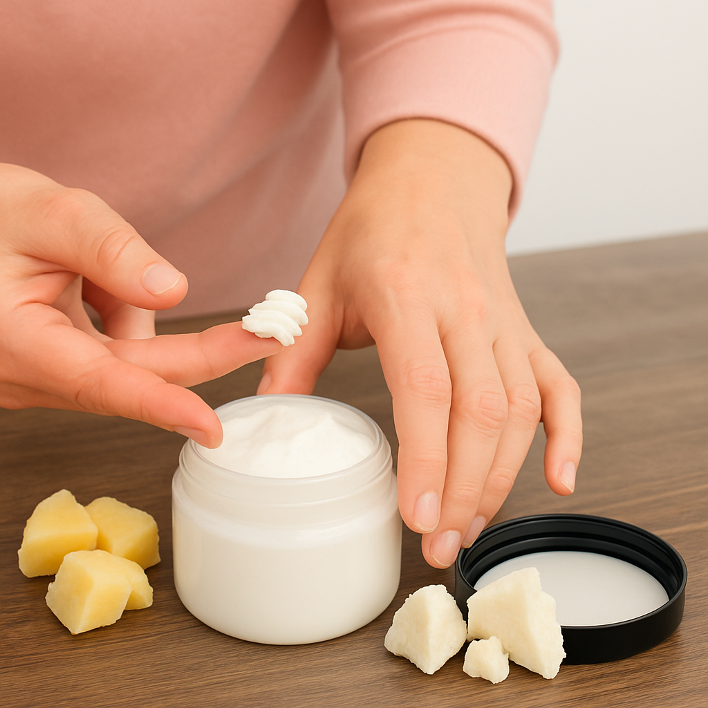 Person applying a white cream from a jar on a wooden surface