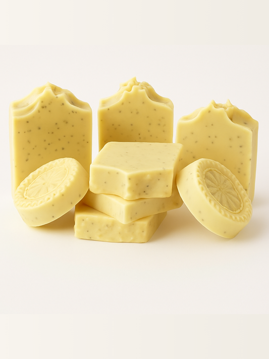 Yellow soap bars with different shapes on a white background