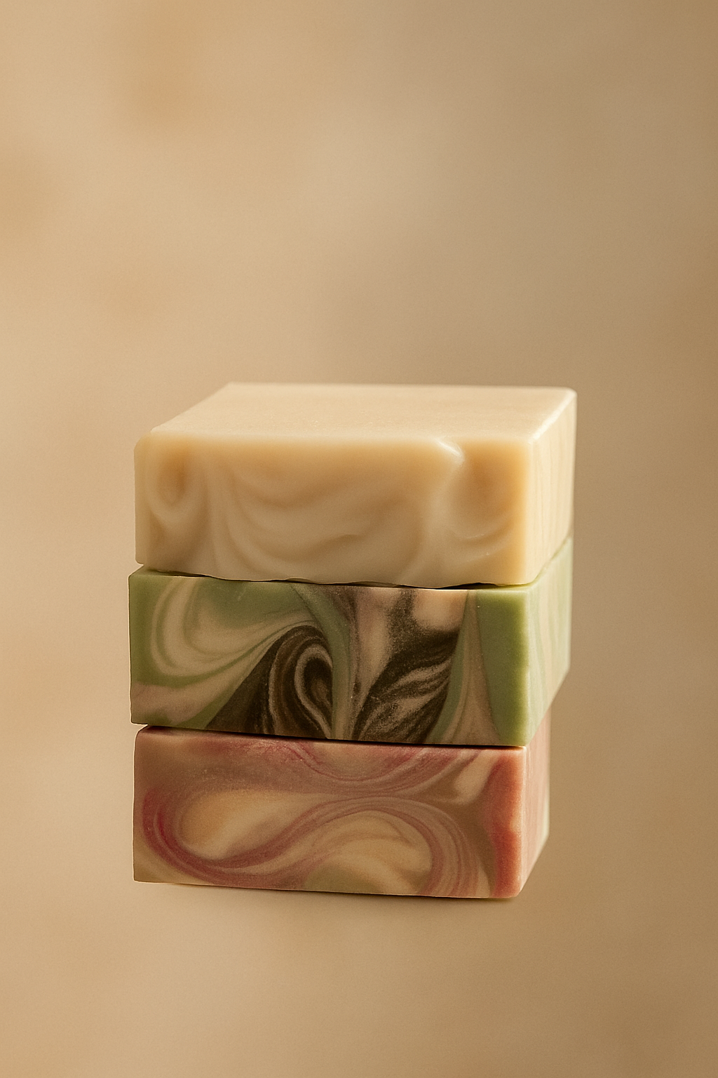 Three swirled soap bars stacked on a beige background