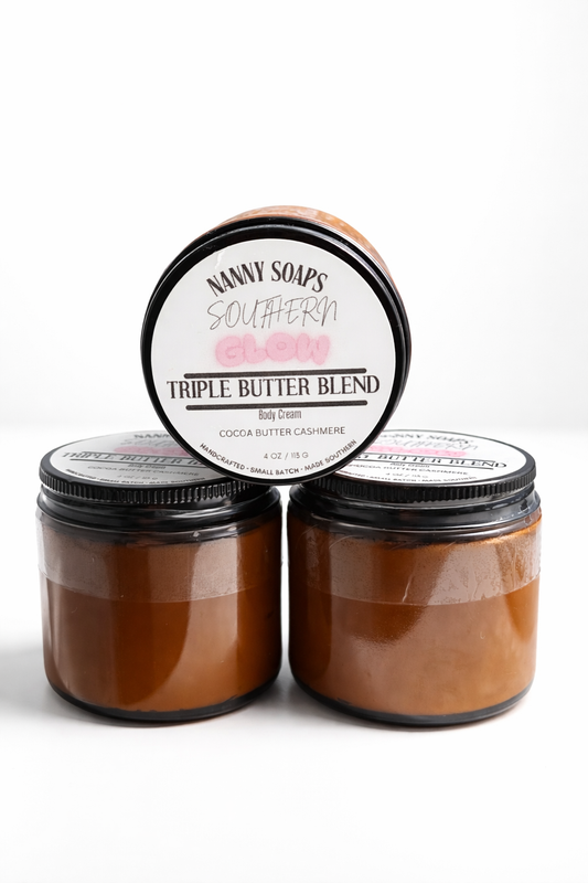 Three jars of Nanny Soaps Southern Glow Triple Butter Blend on a white background