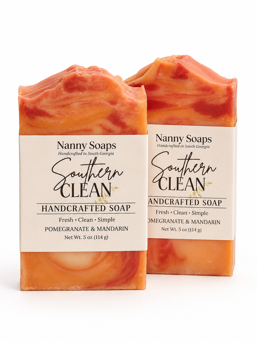 Two bars of Nanny Soaps Southern Clean soap on a white background