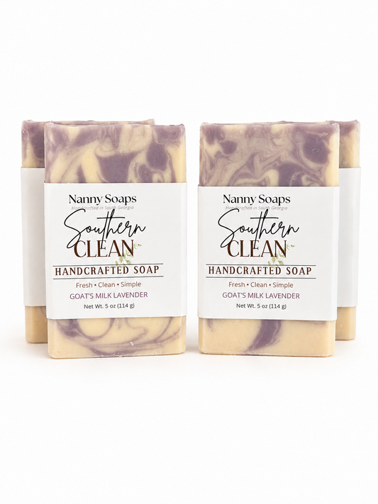 Two bars of Nanny Soaps Southern Clean handcrafted soap on a white background