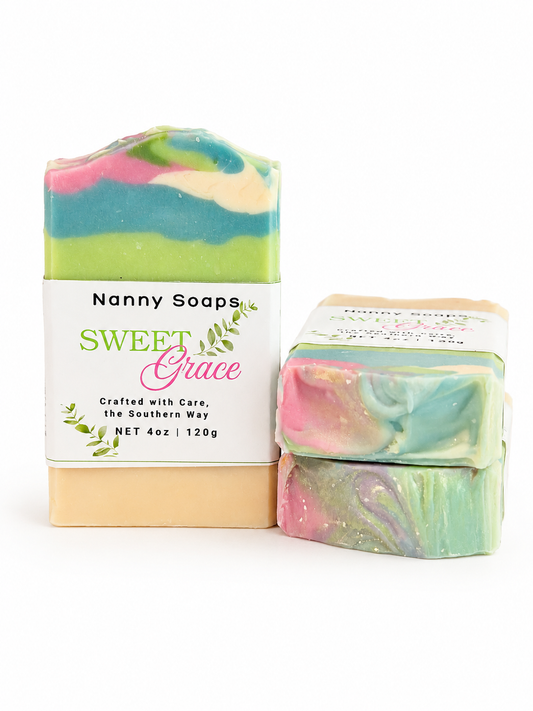 Two colorful soap bars with a 'Nanny Soaps Sweet Grace' packaging on a white background