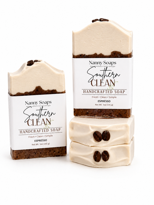 Nanny Soaps Southern Clean handcrafted soap with espresso flavor on a white background