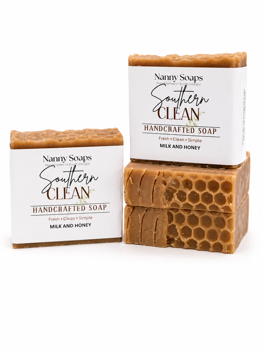 Two bars of Nanny Soaps Southern Clean handcrafted soap with packaging on a white background