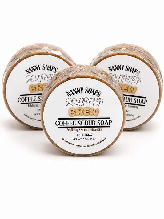 Three Nanny Soaps Southern Brew Coffee Scrub Soap bars on a white background