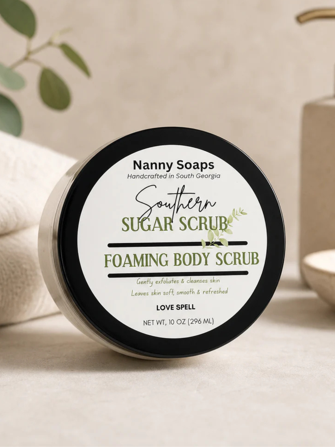Jar of Nanny Soaps Southern Sugar Scrub foaming body scrub in the scent love spell